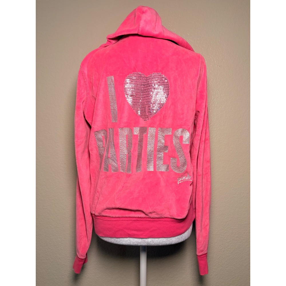 Y2K Victoria's Secret PINK Velour Hoodie Hot Pink I Heart Parties Sequin #9